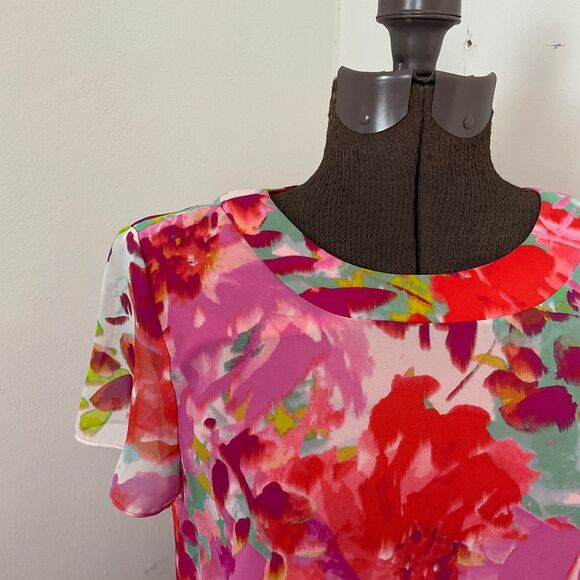 Eliza J Pink and Orange Floral Water Color Short Sleeve Shift Dress Size 6 - Picture 2 of 12